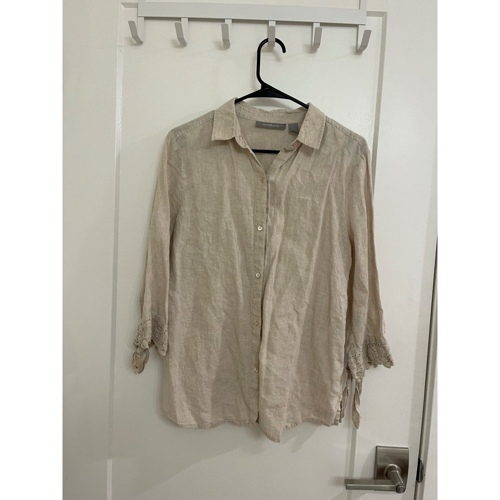 100% Linen Beige Crochet Women's‎ Button Up Breathable Luxury 90s